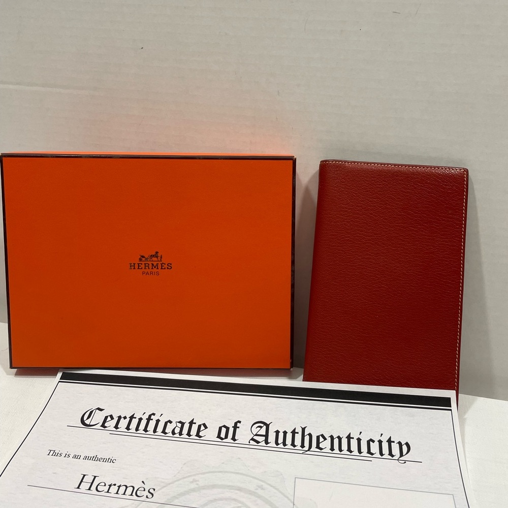 Authentic HERMES burnt orange brown leather agenda wallet w box and certificate
